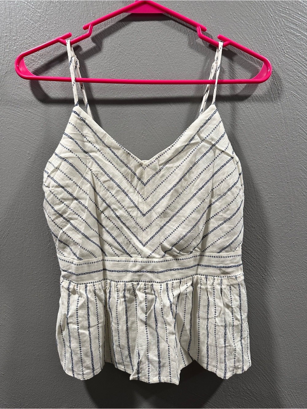 Striped White Peplum Cami Top with Navy Accents